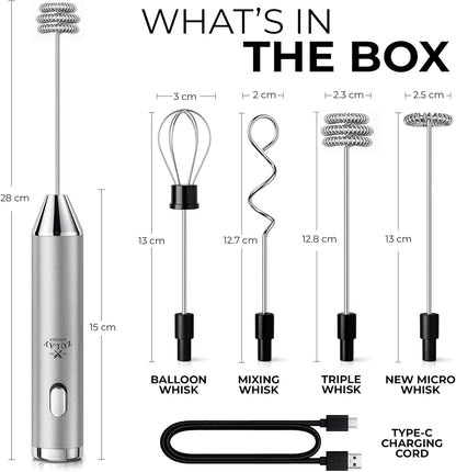 Zulay Kitchen Rechargeable Milk Frother - Handheld Electric Drink Mixer with 3 Whisk Attachments | USB-C Charging, Lasts Up to 6 Months