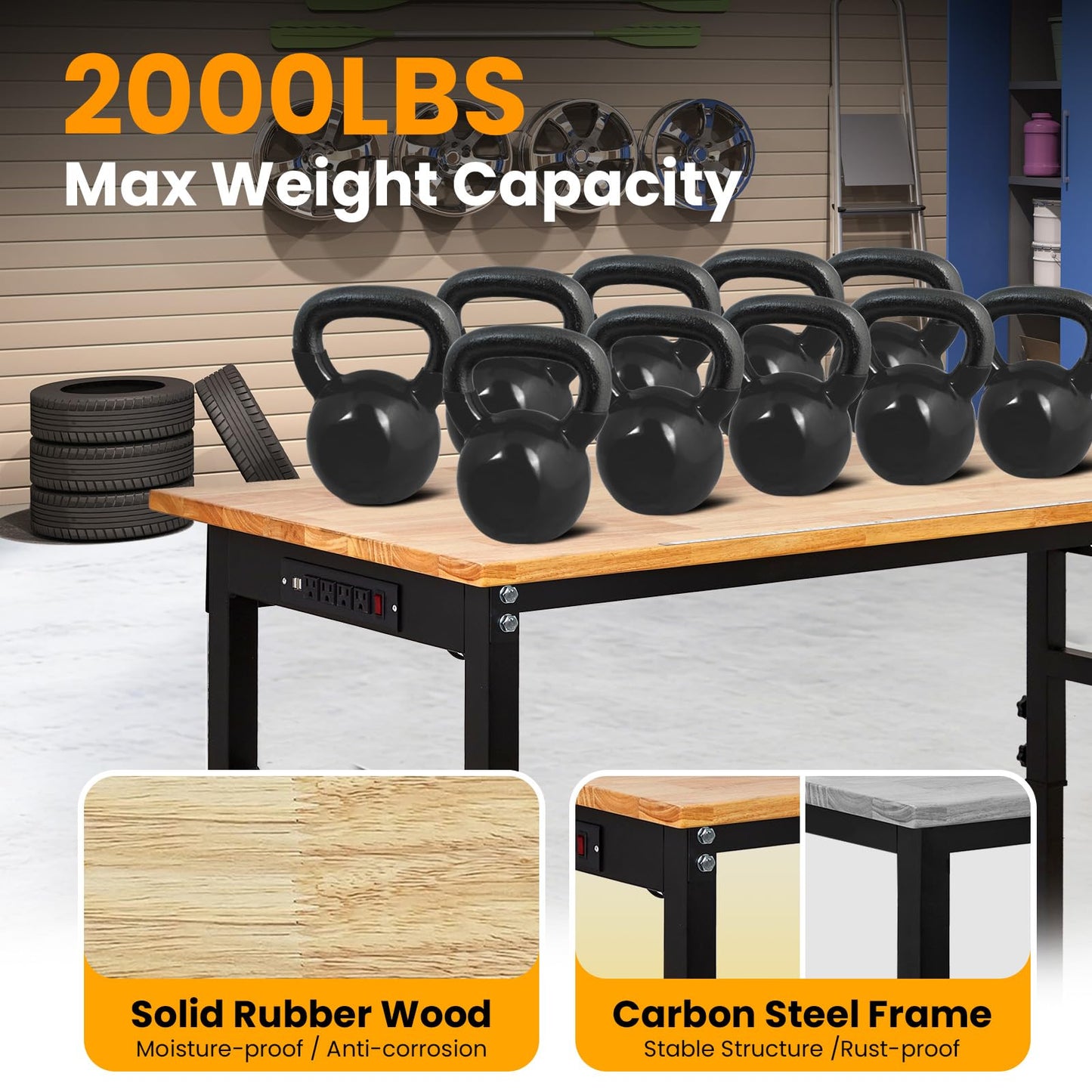 70" Adjustable Workbench with Power Outlet, 2000LBS Capacity Solid Rubber Wood Top & Thickened Steel Legs, 8-Levels Adjustable Heigh Work Table, Easy Assembly for Garage, Workshop, Home