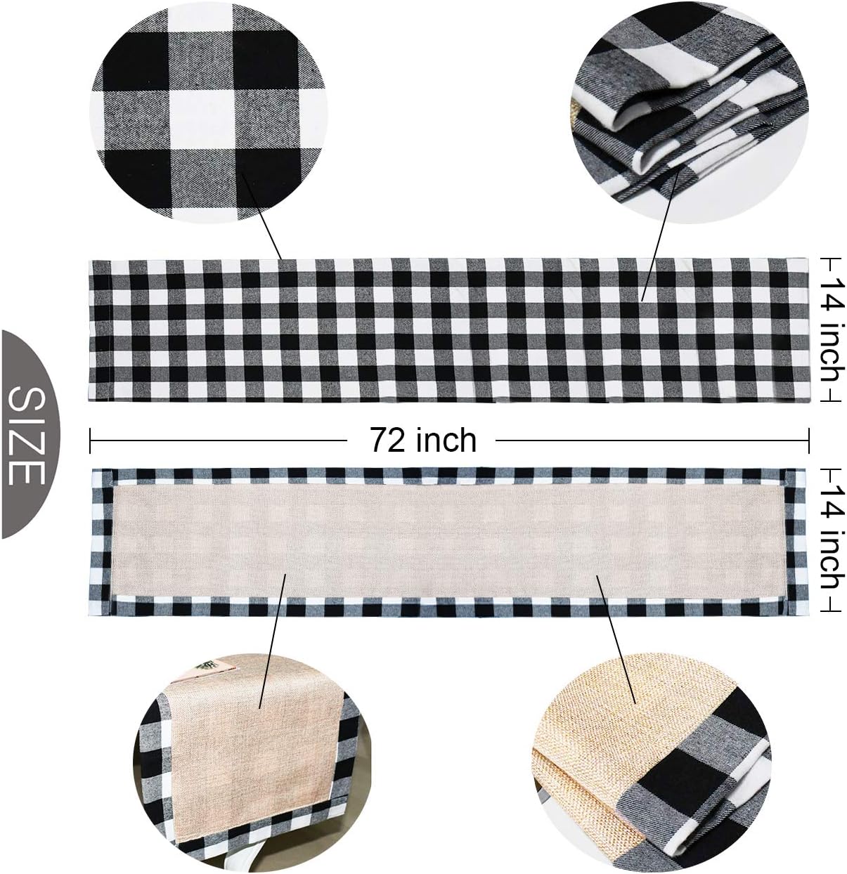 Senneny Christmas Table Runner 14 x 72 Inch, Burlap & Cotton Black White Plaid Reversible Buffalo Check for Holiday