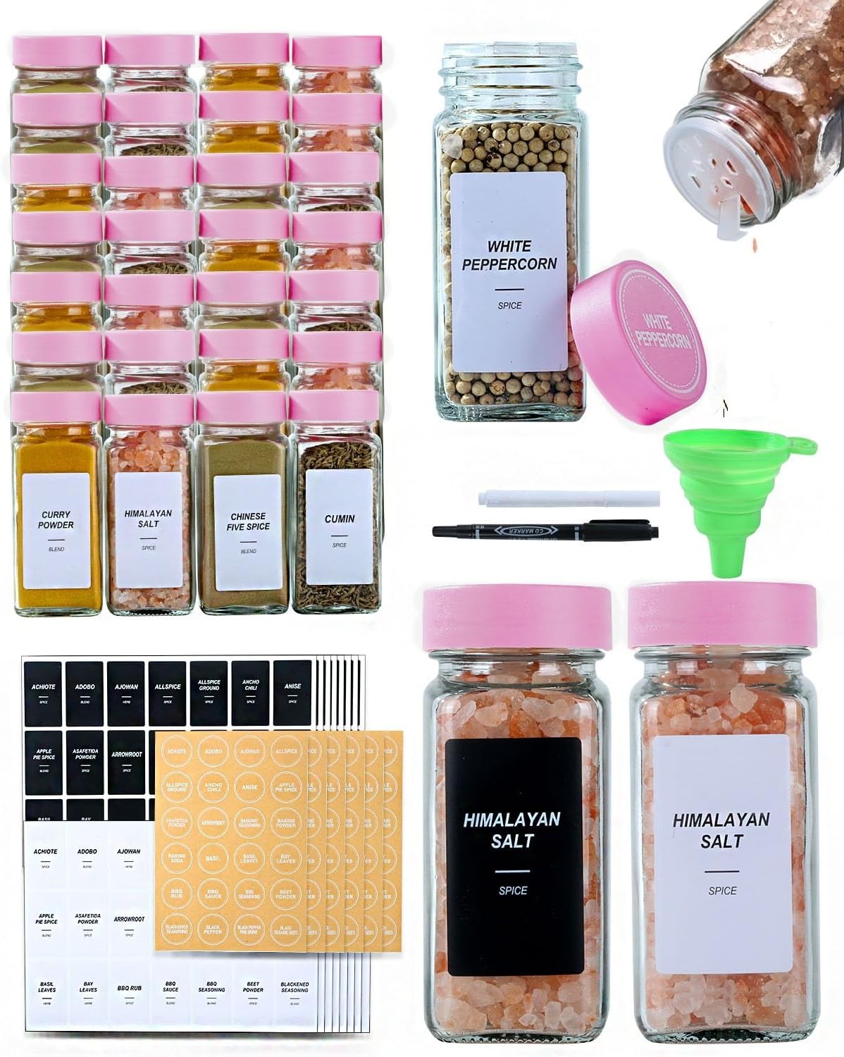 24 Label-4oz Lids,3 Sets 1 2 (24) Glass Spice Jars with Spice Containers with Lids and Shaker of Spice Labels