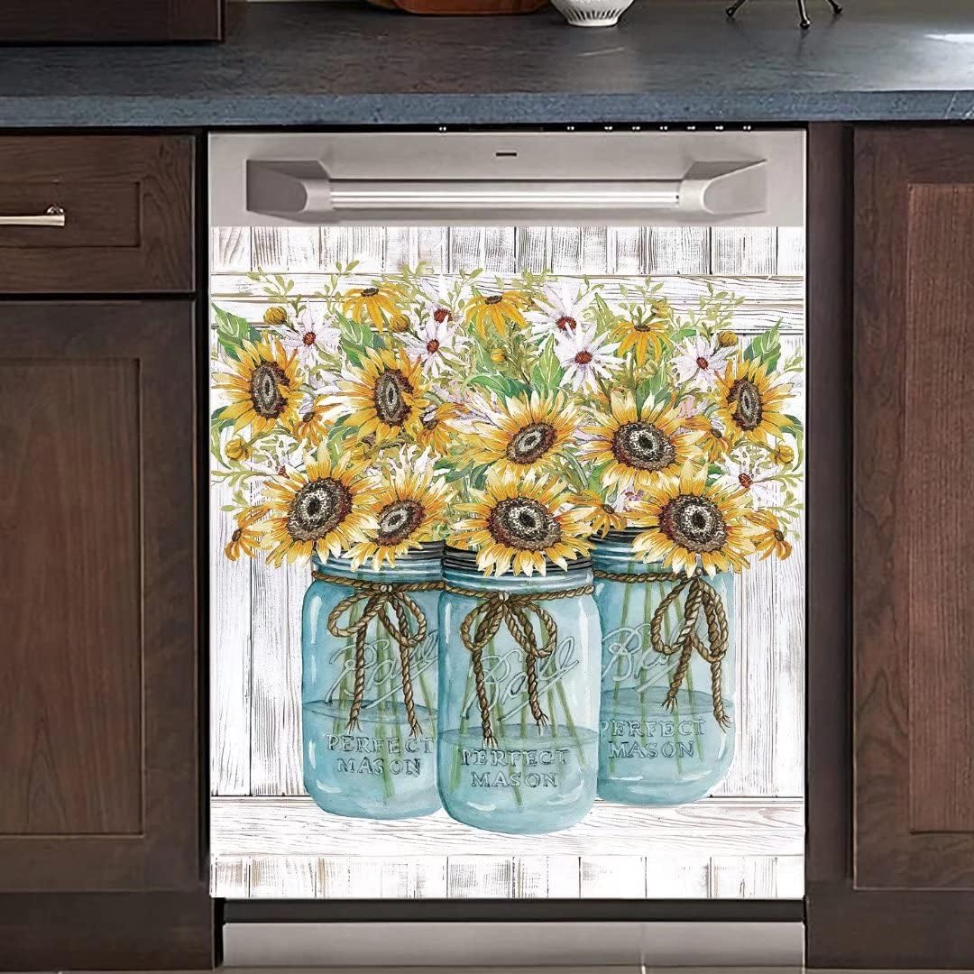 Farm Sunflower Dishwasher Cover Magnet Sticker, Vase Sunflowers Fridge Decal, Farm Style Vinyl Home Appliance Cover