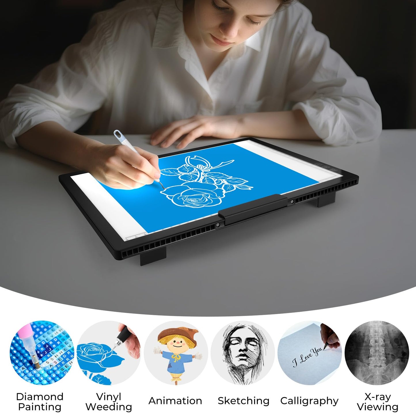 Bylitodt Cordless A4 Light Pad, Diamond Art Light Board with Stand, Tracing Box with 6 Brightness, Artist Tracing Table for Drawing, Weeding Vinyl, Sketching, Animation, Diamond Painting Accessories