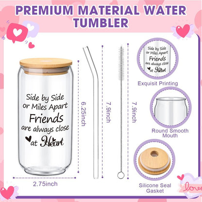 LemonRoad 4 Pack Valentines Galentines Day Friendship Gifts for Women 16 oz Glass Cup with Lid, Straw Brush, Heart Crochet and Keychain with Organza Bag Birthday Gift for Soul BFF Sister Bestie