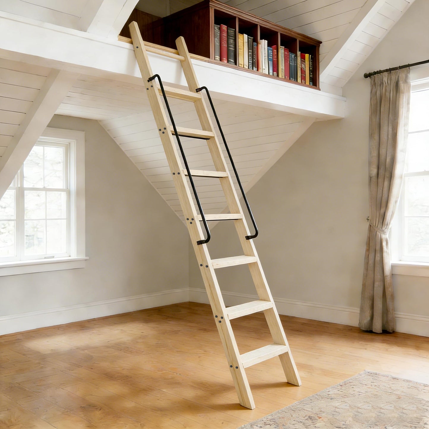 104RDHOUSE 96in Attic Rolling Library Ladder, 8 Step Wooden Ladder with,Loft Ladder Bookshelf,Wall Stairs Red Oak Stair Platform Bunkbed Ladder,for Home Kitchen,Warehouses,Bookstore,DIY Stain