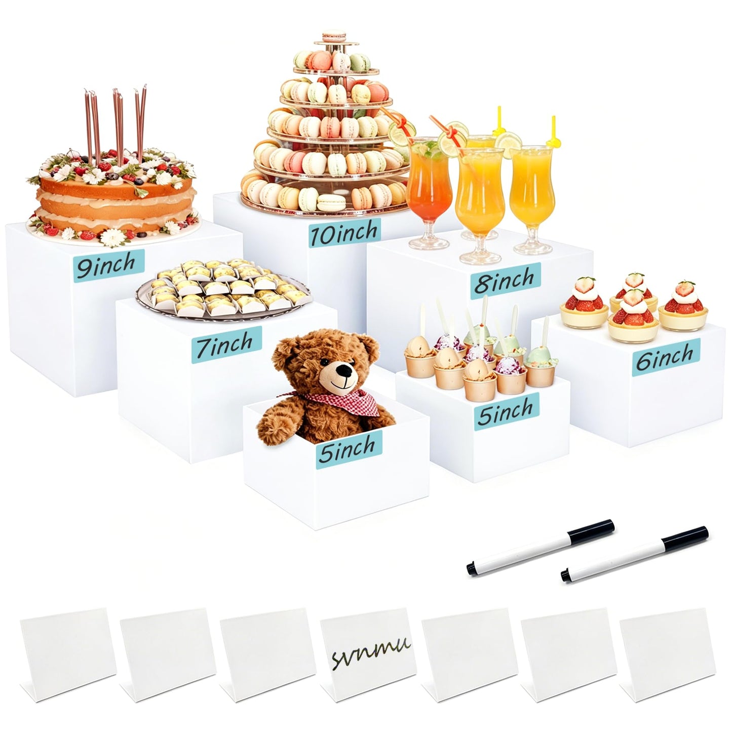 SVNMU 7pcs Acrylic Buffet Risers Set Nestable Cube Display Stands Large Food Display Shelves for Dessert Table Catering Parties Wedding Jewelry Collectibles Figures(Size 10" 9" 8" 7" 6" 5" 5",White)