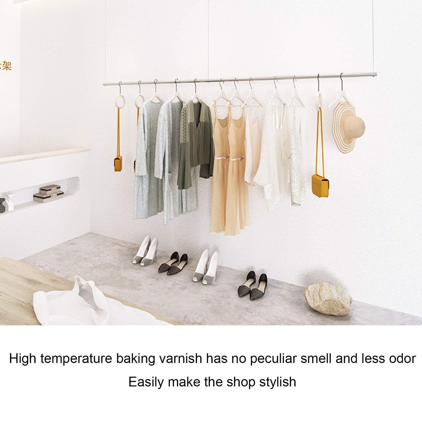 Height-Adjustable Metal Ceiling Clothing Rack, Commercial Display Storage Hanger, Retail Iron Garment Rack with Steel Wire, Ideal for Stores and Home Use(Gold,100Cm)