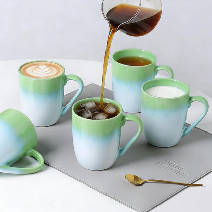 MONITO 14 OZ Coffee Mugs Set of 6, Large Ceramic Blue Coffee Mugs Set with handle for Tea/Latte/Milk/Cocoa, Funny Tea Cups for Office and Home, Engagement Gifts. (White-green)