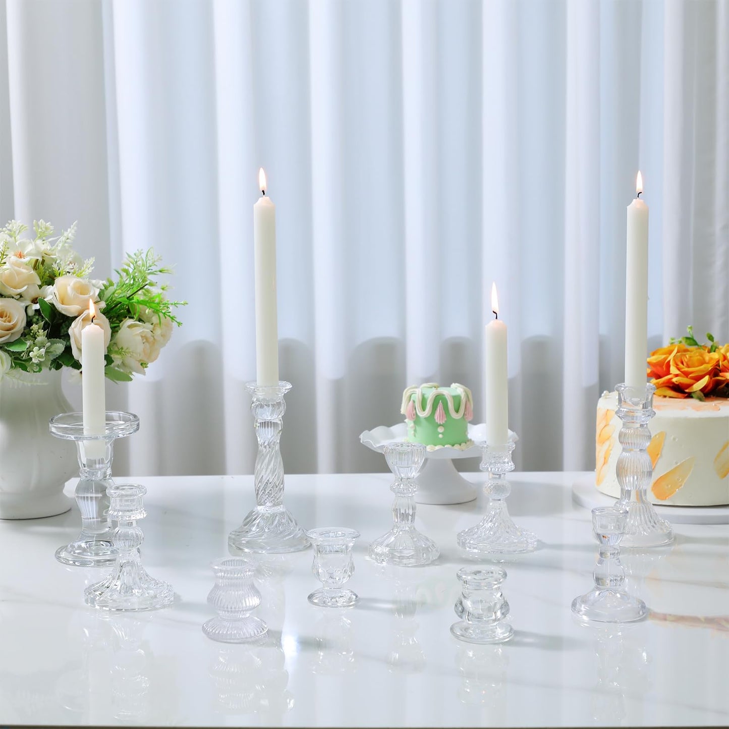 Mumufy 40 Pcs Glass Crystal Taper Candle Holders Clear Glass Candlestick Holder Fit 0.8 Inch Candles Crystal Decorative Candle Stand Centerpiece Table Wedding Dining Party (Classic,Clear)