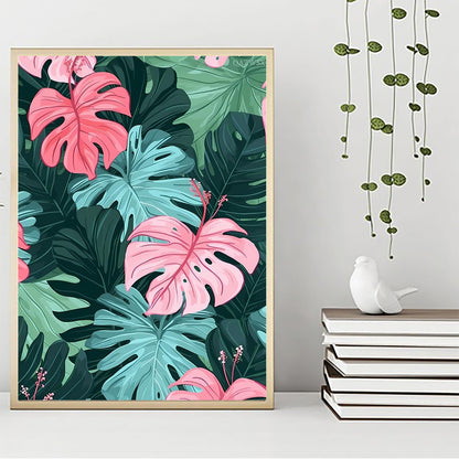QAZWSX Diamond Painting Kits Art Tropical Leaves on Pink Diamond Art Kits for Adults, Plants Painting Crafts Home Wall Decor DIY 5D Gem Art Perfect for Relaxation 12x16 inch