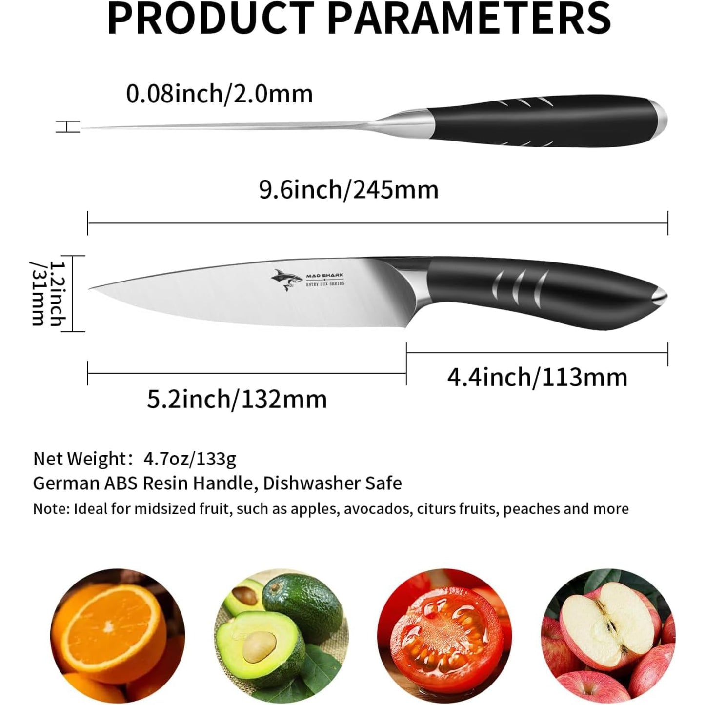 MAD SHARK 5 Inch Ultra Sharp Paring Knife, German Stainless Steel, Ergonomic Handle Design, Chopping Knife for Precise Cutting, Peeling, Slicing