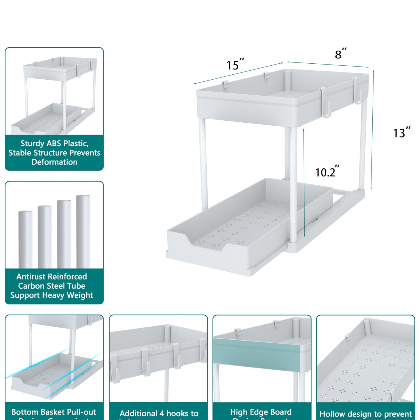 DEKAVA Cabinet, 2 Pack Under Sink Organizer, 2 Tier Sliding Bathroom Kitchen Organizer, Large White ABS Baskets, Easy Install & Clean