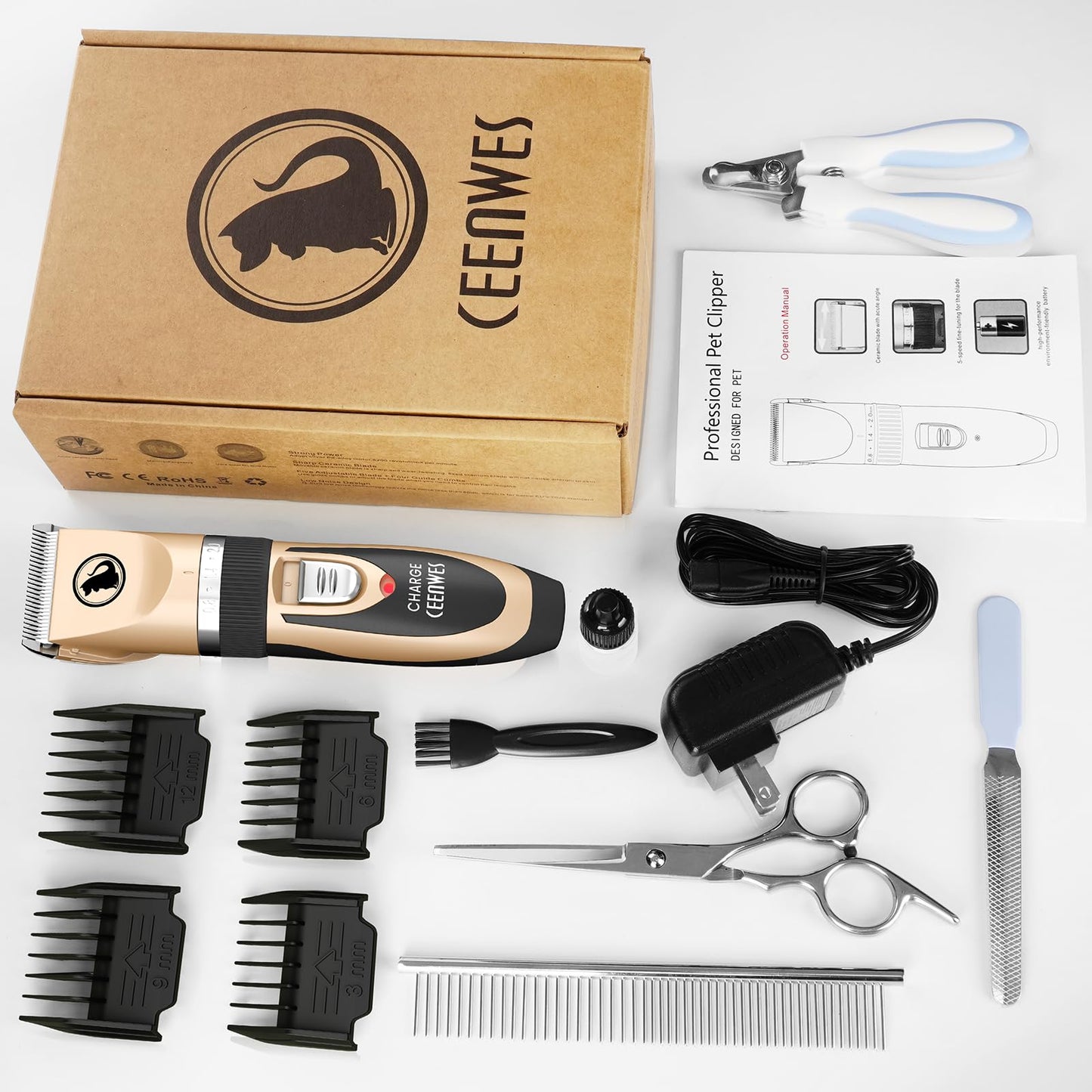 Ceenwes Dog Clippers Low Noise Pet Clippers Rechargeable Trimmer Cordless Grooming Tool Professional Dog Hair Trimmer with Comb Guides Scissors for Dogs Cats & Others（Gold）