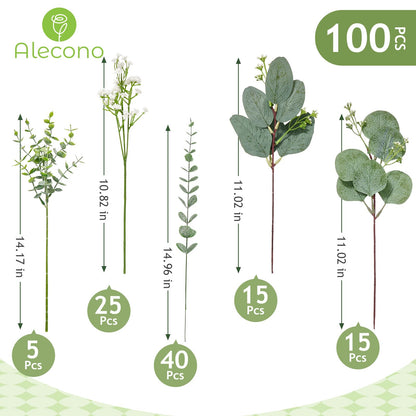 Alecono 5 Kinds Mixed Artificial Greenery Eucalyptus Stems Bulk, Babys Breath Artificial Flowers and Fake Sliver Dollar Leaves for Centerpieces DIY Bouquet Wedding Home Decor(100 Pcs)