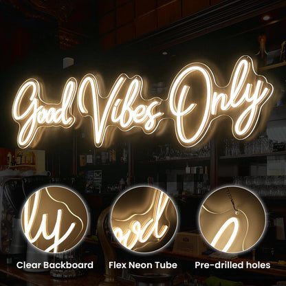 Good Vibes Only Neon Sign, Large Split Design LED Signs for Bedroom Wall Decor, Warm White Light Up Sign for Party Backdrop & Boutique Decor, Dimmable Aesthetic Room Art, 58.5x13.2 In