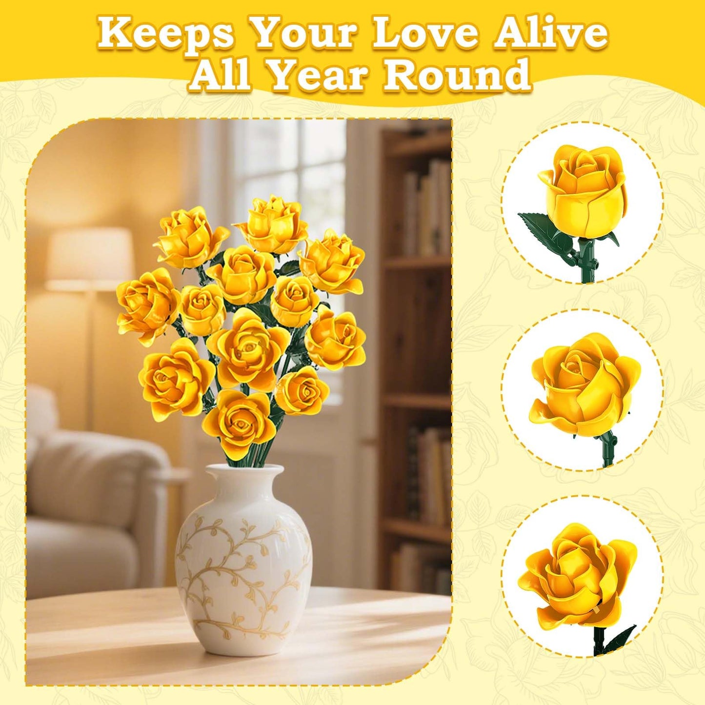 HAYXUN 12 Yellow Roses Building Block Bouquet Set, 585 Pieces Artificial Botanical Kit, Unique for Mom & Grandma, Everlasting Floral Home Decor