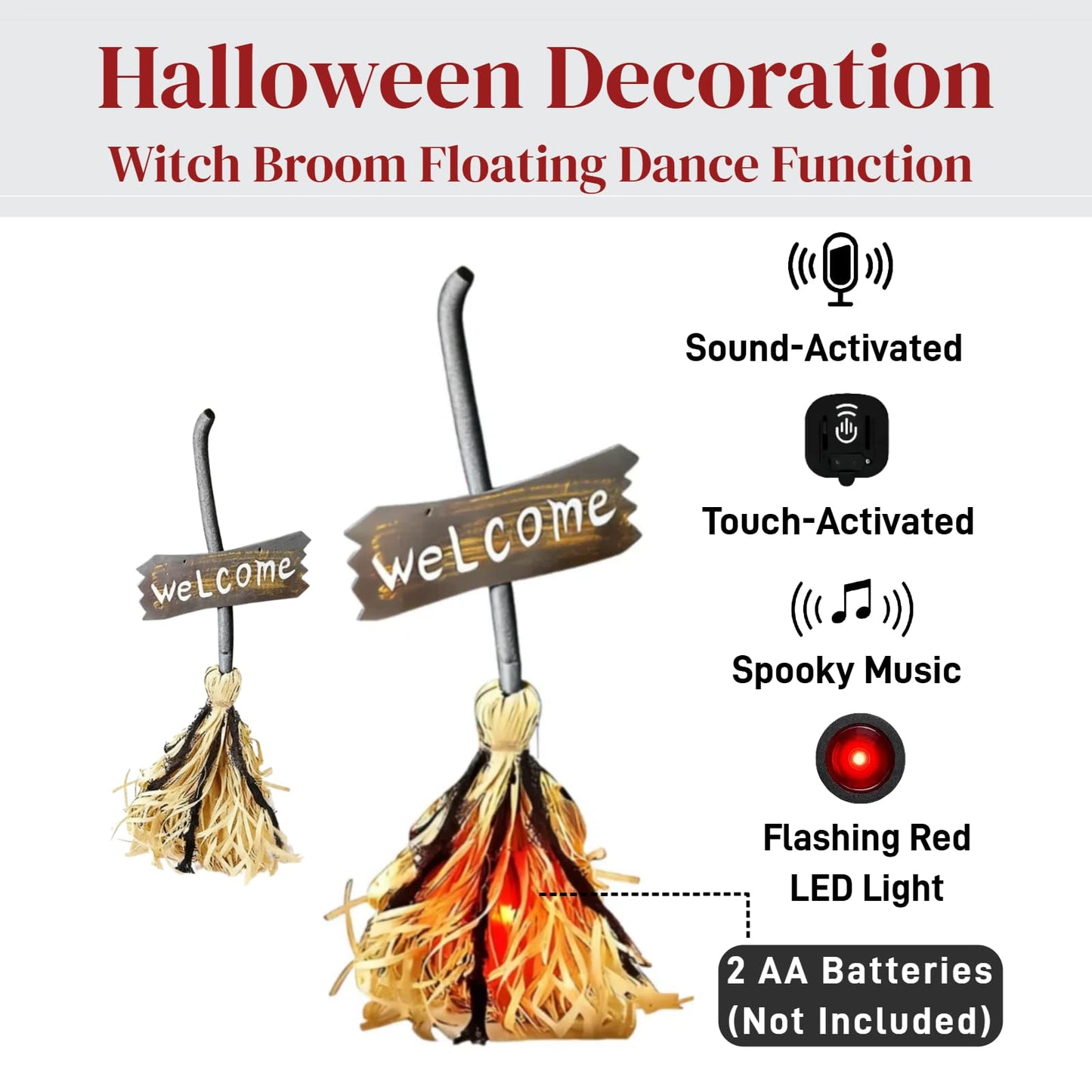 Halloween Witches Decor, Witches Broom Halloween Decor, Animated Floating Broomstick for Spooky Sounds, Haunted Party Decorations, Light-up Dancing Magic Witch Broom Porch Decor