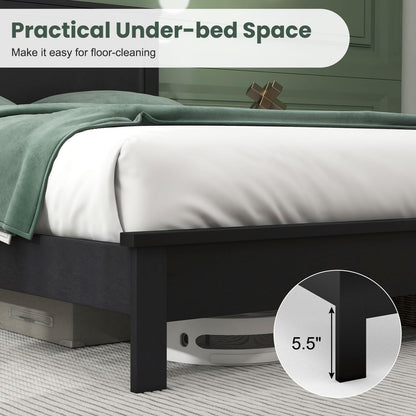 Giantex Wood Queen Platform Bed Frame with Headboard, Mid Century Bed Frame with Solid Wood Legs & Wooden Slat Support, Pallet Bed Mattress Foundation, No Box Spring Needed, Black