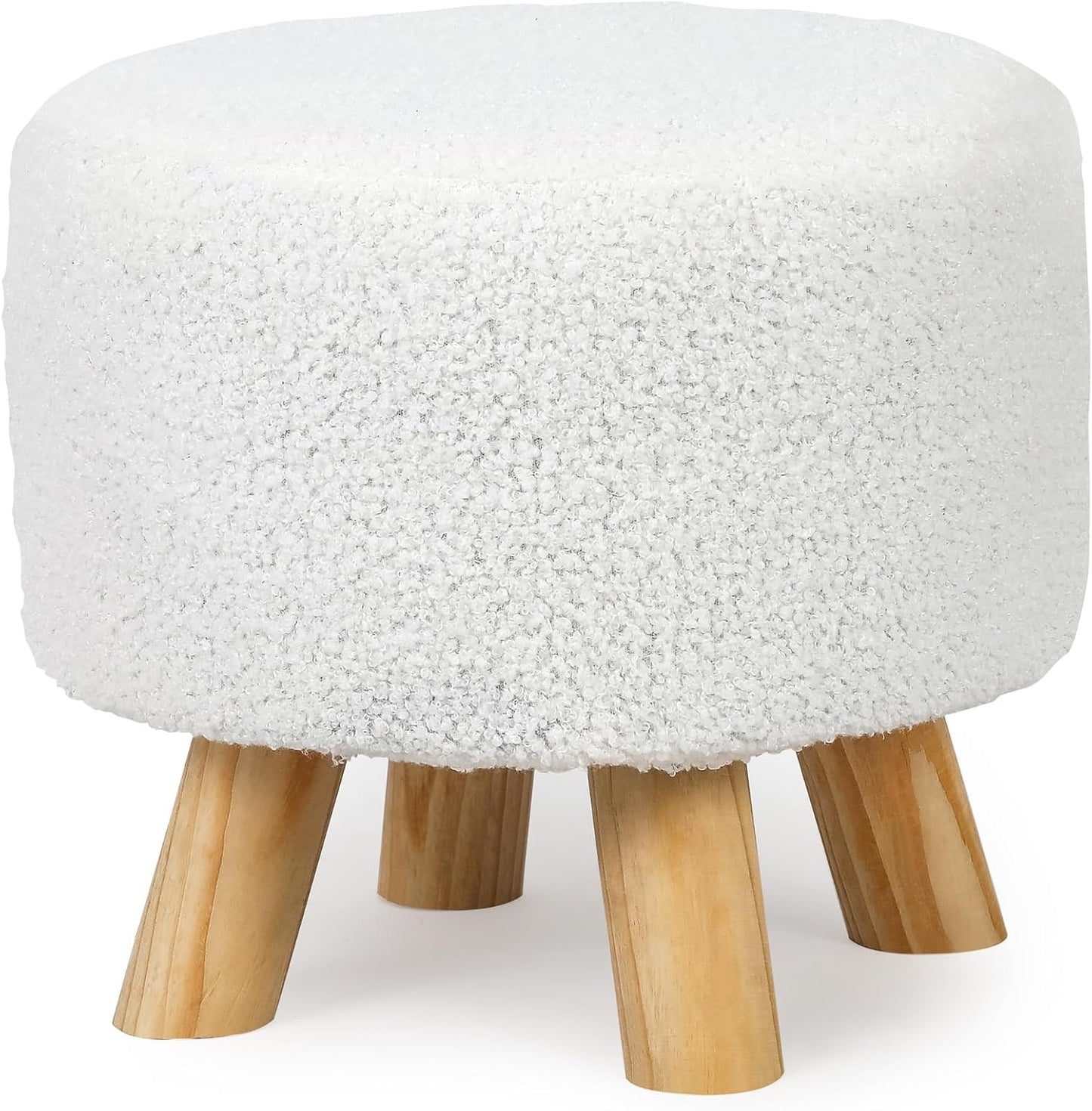 Homebeez Round Ottoman Stool Fabric Foot Rest, Faux Fur Small Footstool with Non-Skid Legs (Teddy White)