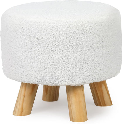 Homebeez Round Ottoman Stool Fabric Foot Rest, Faux Fur Small Footstool with Non-Skid Legs (Teddy White)