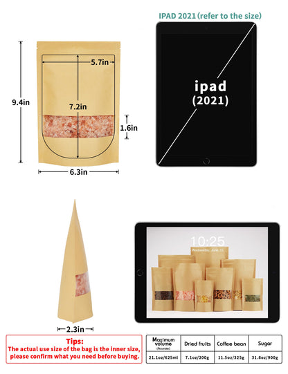 FireKylin 100 Pcs Brown Paper Bags with Window, 7.9" x 11.8" Stand Up Pouches Bags, Zipper Food Storage Bags for Packaging Products, Reusable, Sealable