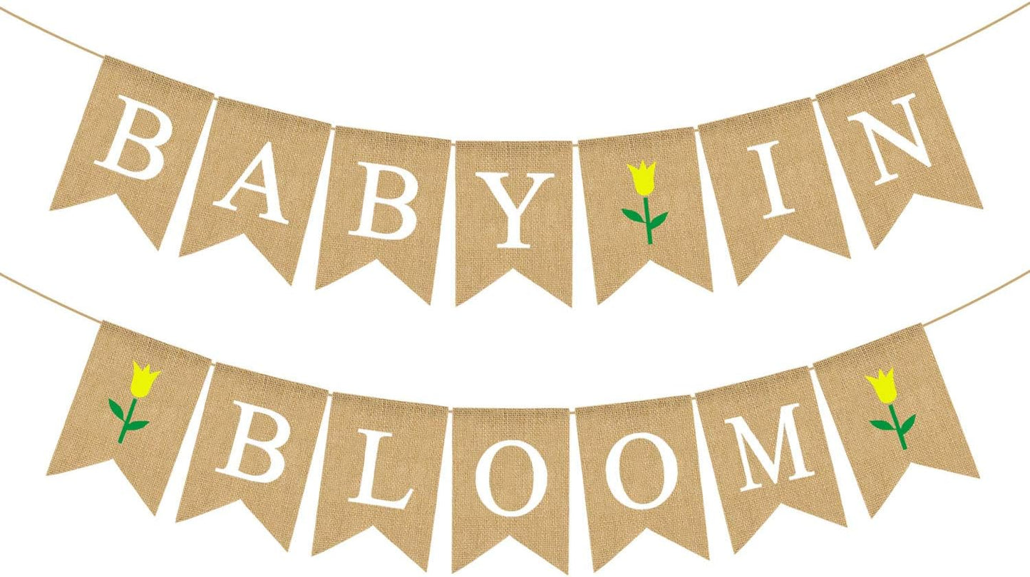 Jute Burlap Baby In Bloom Banner with Flower Spring Theme for Boy Girl Baby Shower Garland Decoration