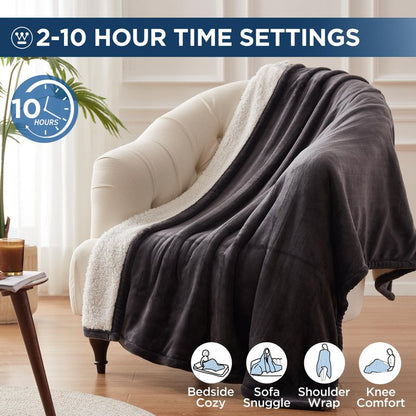Westinghouse Heated Throw Blanket, Electric Blanket Throw with 6 Heating Levels and 2-10 Hours Time Settings, Flannel to Sherpa Super Cozy Heated Blanket Machine Washable, 50x60 inch, Charcoal