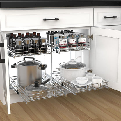 2 Tier Pull Out Cabinet Organizer, 17" W x 21" D Heavy-Duty Metal Sliding Drawer Shelf for Kitchen Cabinets, Chrome, Doesn't Include Door Fittings
