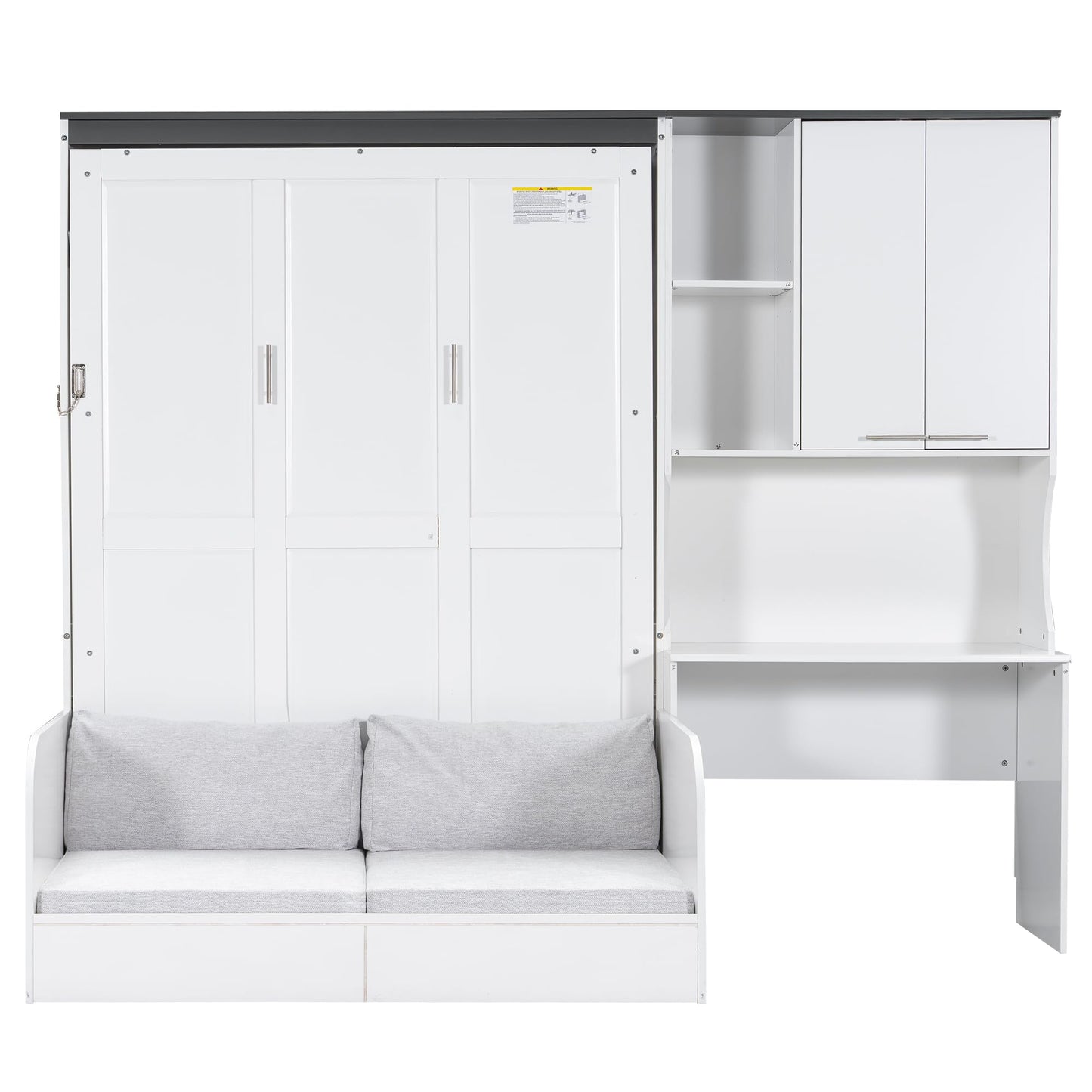 Merax Farmhouse Multi-Functional Murphy Bed with Sofa, Desk & Storage Cabinet,Solid Wood Foldable Wall Bed/Space Saving/No Box Spring Needed/Full,White + Gray