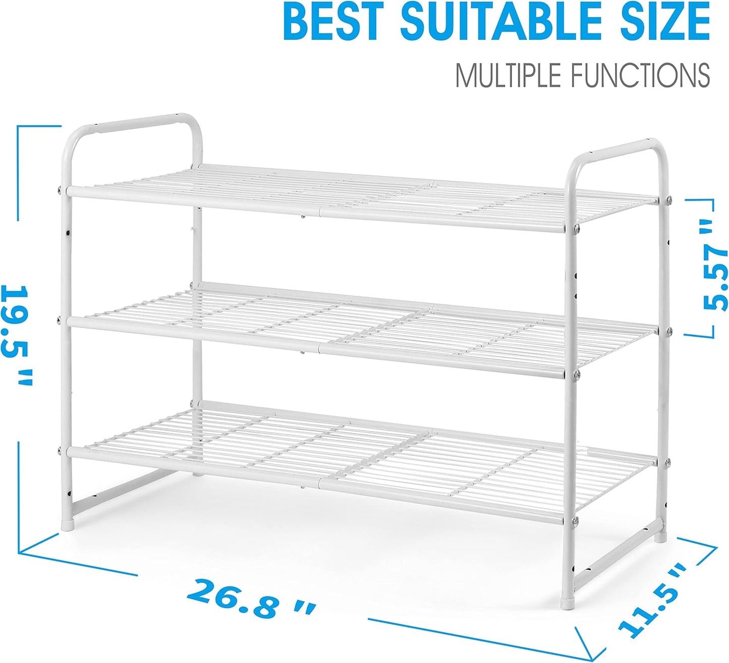 3-Tier Simple Trending Stackable Shoe Rack, Expandable & Adjustable Shoe Shelf Storage Organizer, Wire Grid, White