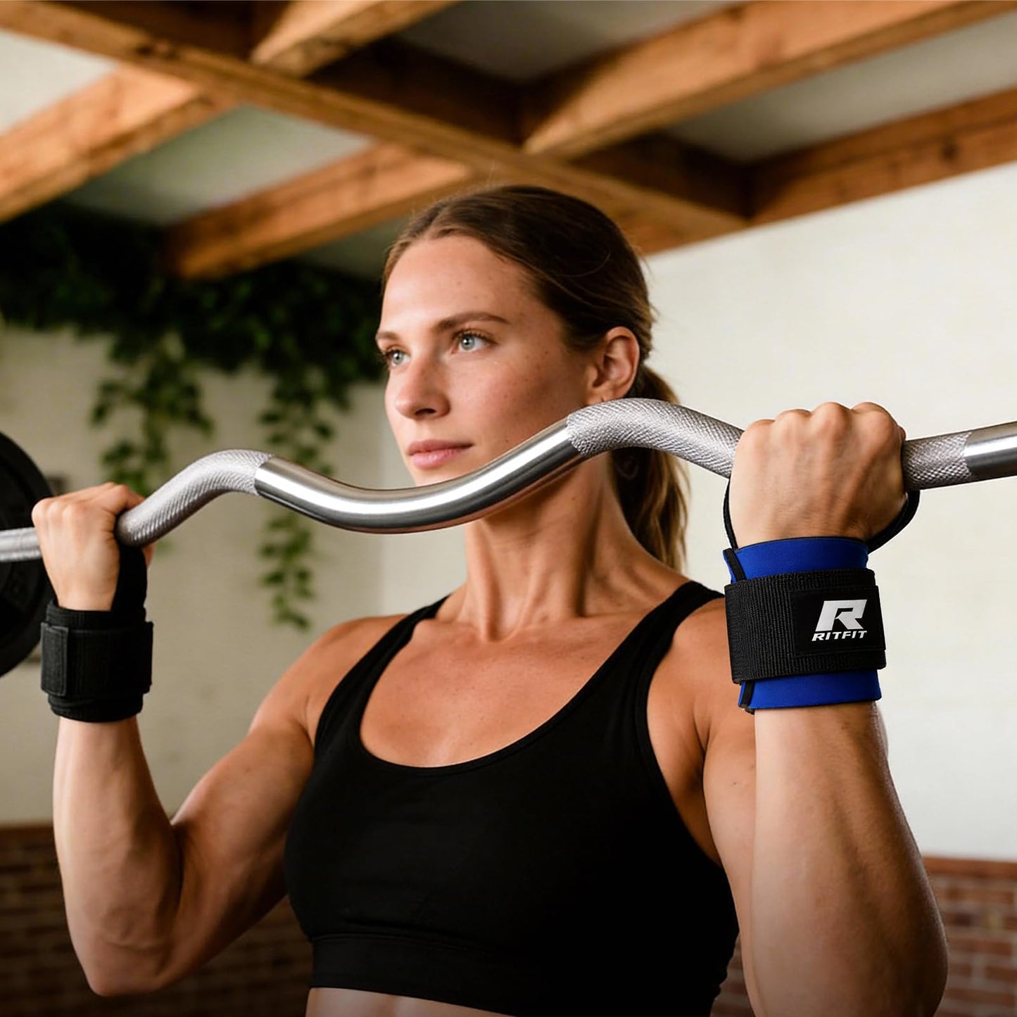 RitFit 2 Inch EZ Curl Bar with Weights, 350LBS Capacity Olympic Barbell for Bicep & Triceps, Home Gym Strength Training,with 85LBweights and Wristband