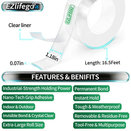 EZlifego Double Sided Tape Heavy Duty(Extra Large 16.5FT), Nano Adhesive Mounting Tape Wall Decor,Sticky Picture Hanging Adhesive Strips Poster Tape