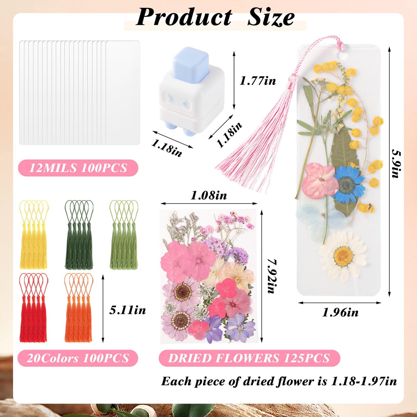 WSICSE 326Pcs Pressed Flower Bookmark Making Kit, Includes 125 Dried Flowers, 100Pcs 12 Mils Bookmarks Laminating Pouches, 100 Tassle and 1 Puncher, DIY Bookmark Kit for Book Lovers(1.96 x 5.9'')