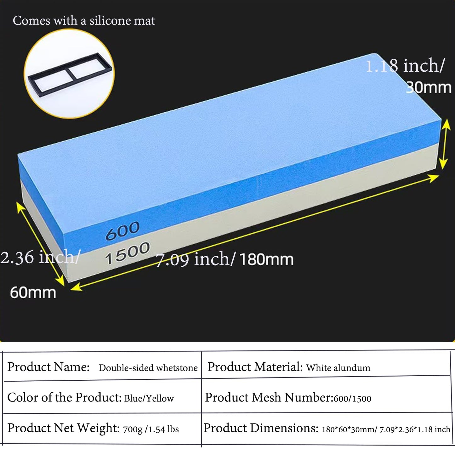 Knife Sharpening Wet Stone Dual Sided 600/1500 Grit Blue & Yellow Whetstone Sharpening Stone with Non-Slip Rubber Base for Kitchen, Hunting, and Pocket Knives or Blades 600/1500Mesh
