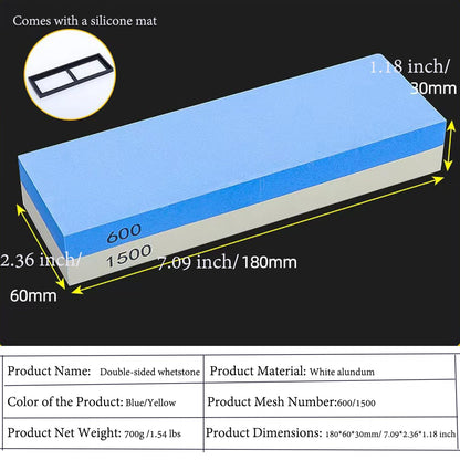 Knife Sharpening Wet Stone Dual Sided 600/1500 Grit Blue & Yellow Whetstone Sharpening Stone with Non-Slip Rubber Base for Kitchen, Hunting, and Pocket Knives or Blades 600/1500Mesh