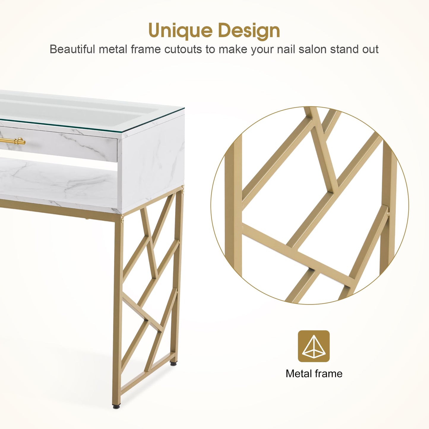BarberPub Modern Manicure Table with Drawers, Marbling Texture Nail Desk with Storage Shelves, Glass Top, Beauty Salon Nail Station 2460 (White)