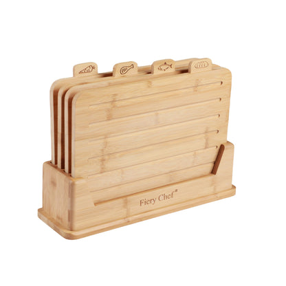 Fiery Chef 14.56"L x 11"W Bamboo Cutting Board Set of 4 - Wood Cutting Board Set with Holder, Chopping Boards Set with Food Icons, Juice Groove - Ideal for Meat, Fish, Bread, Vegetable, Fruit Chopping