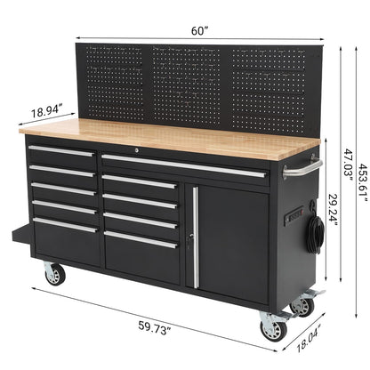 61 Inch Rolling Tool Chest with 10 Drawers, Rubber Wood Workbench Top, Anti-Fingerprint Steel, Lockable Wheels & Key Lock, Mobile Storage Cabinet Organizer for Garage & Workshop