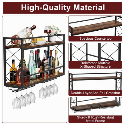 NEYCIL Wine Rack Wall Mounted 2 Tier Wall Wine Rack with Glass Holder, Double Layer Anti-Drop Crossbar, 31.5" Metal Wood Wall Mount Wine Holder for Home Kitchen Dining Room Coffee Shop Bar, Black