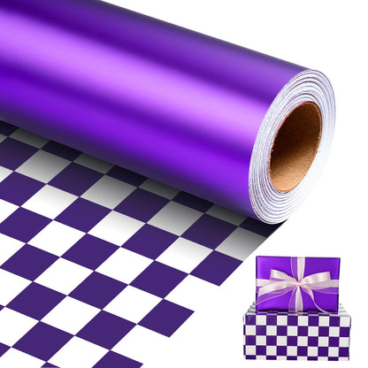 Homeral Purple Wrapping Paper Roll - 17 In x 33 Ft Matte Metallic Solid Color & Purple and White Checkered Reversible Gift Wrapping Paper for Birthday, Wedding, Christmas, Valentine, Baby Shower