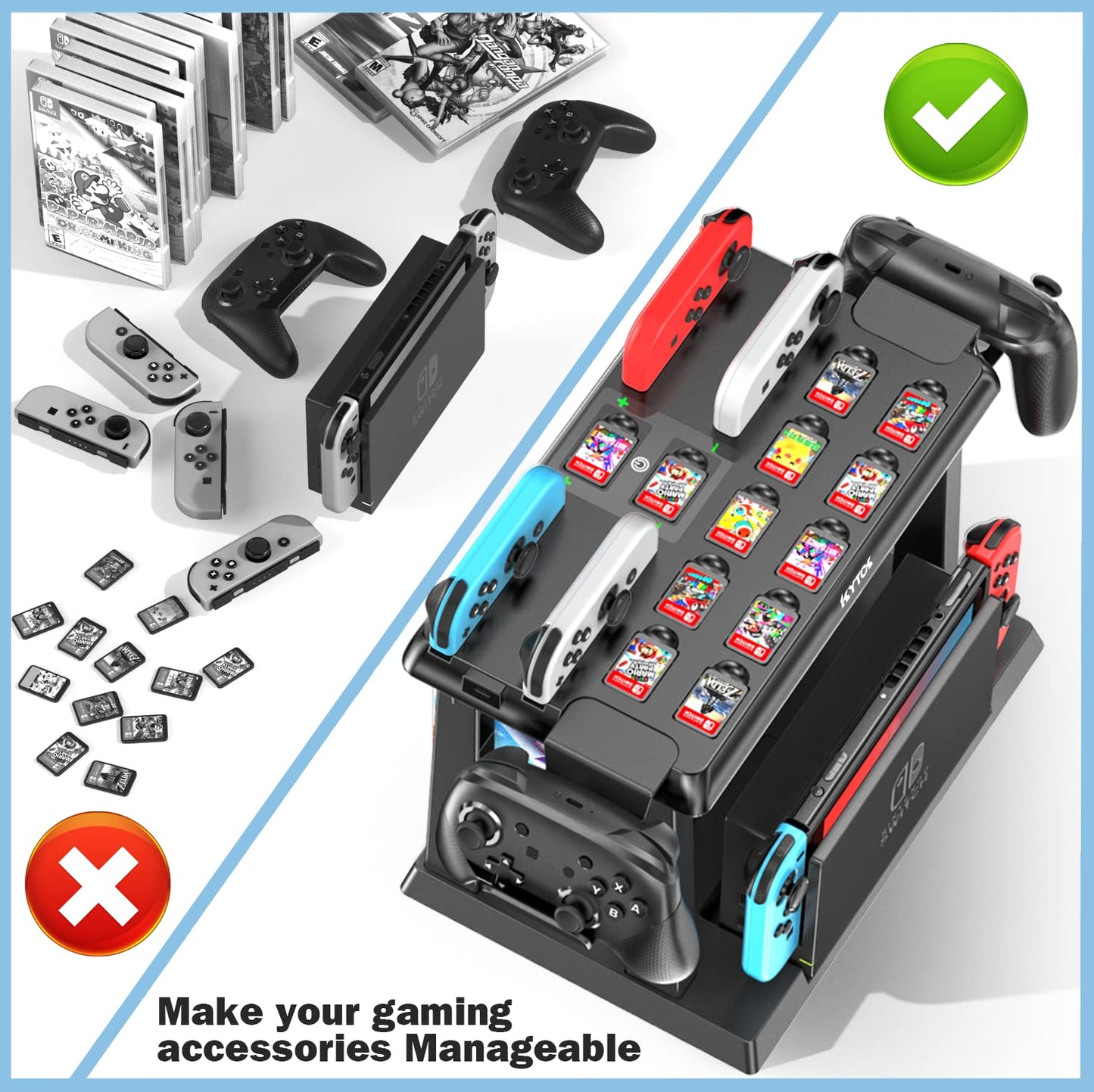 Kytok Switch Games Organizer Station with Controller Charger, Charging Dock for Nintendo Switch & OLED Joycons, Storage and Organizer for Games, TV Dock, Pro Controller, Accessories Kit