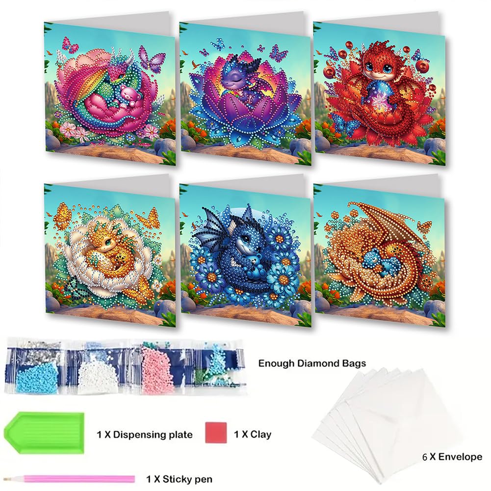 6 Packs DIY Diamond Art Cards Kit, Diamond Art Painting Cards, Diamond Art Cards with Envelope for Christmas Birthday Thanksgiving Day Holiday (Bud Dragon)