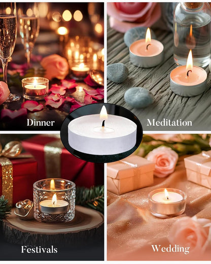Wax Unscented Tealight Candles Pack of 100 for Diwali Decoration | Long Burning | Smokeless | Candles for Home Decor, Offices, Dining & Special Occasions (Pack of 100 White)