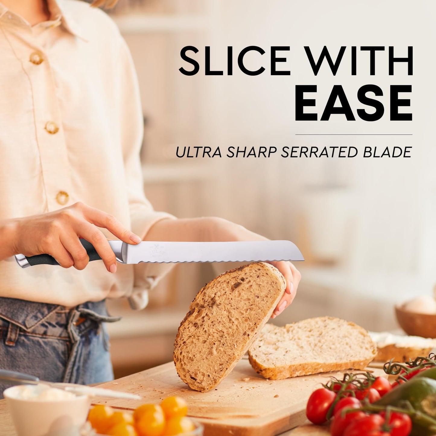 Zulay Kitchen Serrated Bread Knife - Ultra Sharp Stainless Steel Bread Knife for Homemade Bread, Cakes & Bagels - Razor Sharp Wavy Edge Bread Cutter & Slicer - 8-Inch Blade with 5-Inch Handle - Black