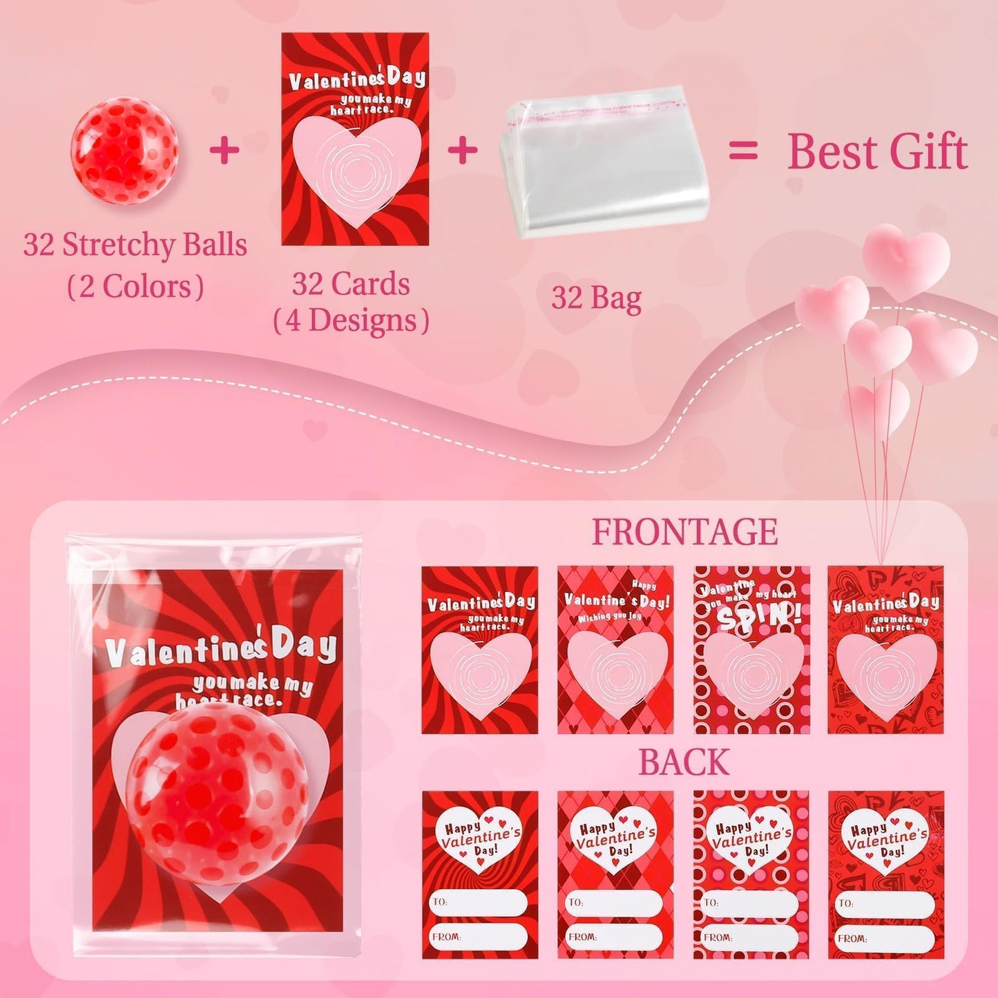 Valentines Day Gifts for Kids, 32 Pack Stress Balls with Valentines Day Cards, Stress Relief Squeeze Balls for Boys & Girls Valentines Party Favors Gift Exchange Rewards School Classroom Prizes