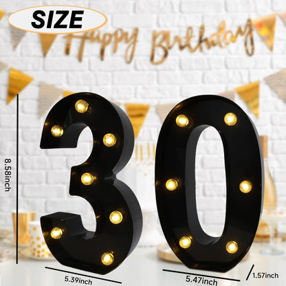 Led Light Up Numbers, 30th Birthday Decorations, Marquee Numbers Lights, Battery Powered Light Up Sign for 30 Decor Party (Black)