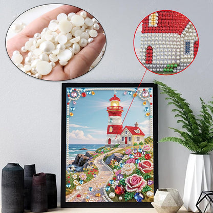 DIADAY 5D DIY Pearl Painting Kit for Adults, Lighthouse Pearl Art with Diamond Special Shape Rhinestones Accents, 3D Relief Beads Craft Home Wall Decor Gift, 12 x 16 Inches