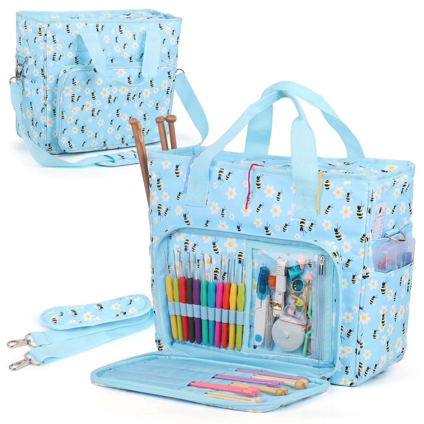 Yarn Storage Organizer Travel Crochet Bag, Large Capacity Tote Bag Knitting Bag for Carrying Projects, Knitting Needles, Crochet Hooks and Yarn, Blue Floral and Bees