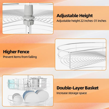 24" Corner Cabinet Turntable, 270° Rotating Basket Adjustable Height Kitchen Shelf Turntable, 2 Tier Rotating Basket 304 Stainless Steel Rotating Storage Rack for Kitchen Corner Cabinets