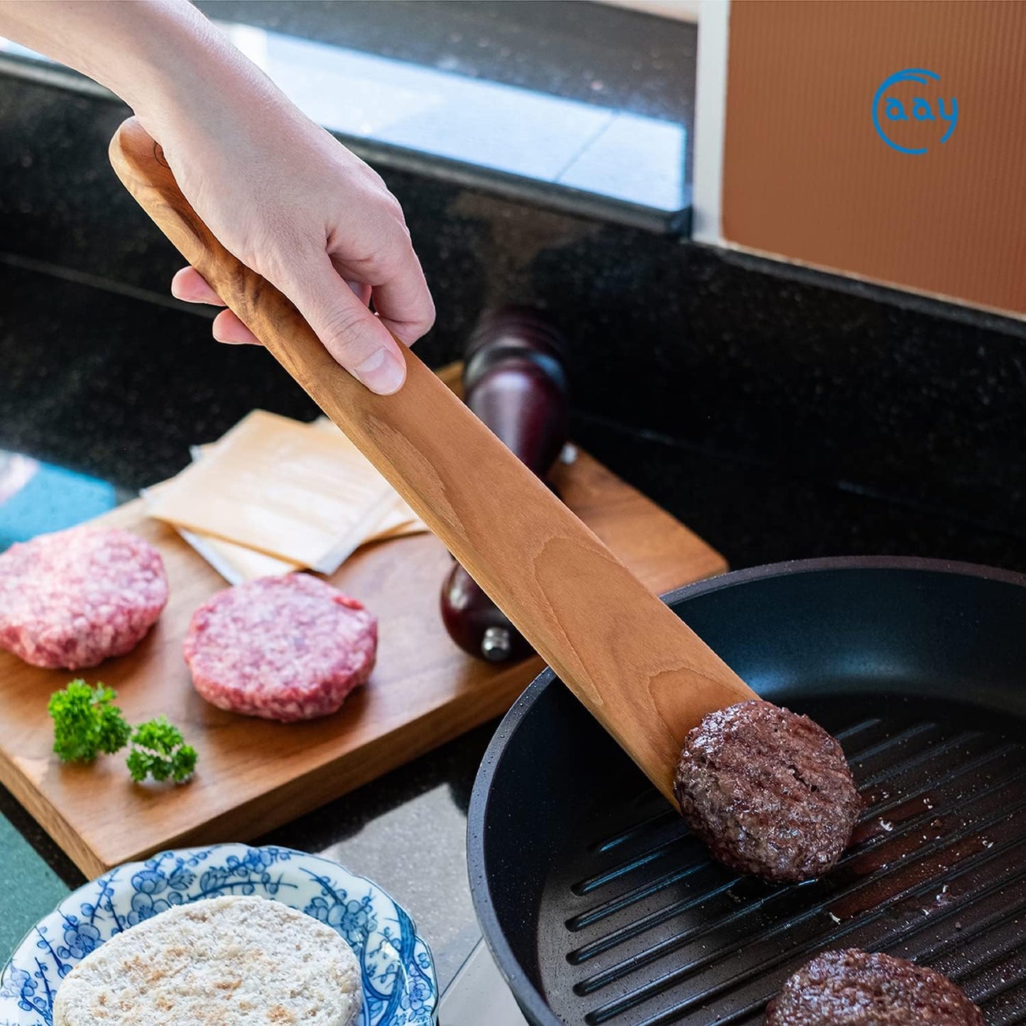 FAAY 13" Flat Wooden Spatula for Cast Iron, Egg Flipper, Handcrafted from Golden Teak for Non-Stick Cookware