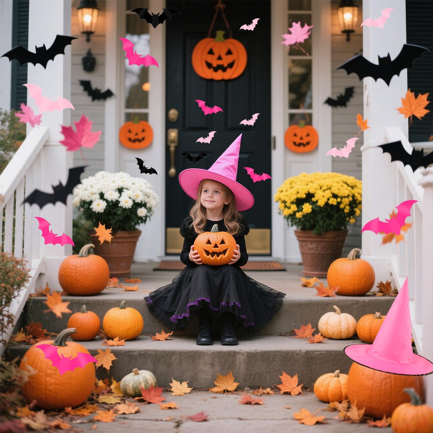 Cmaone 12 Pcs Pink Witch Hat with 109 Yards Hanging Rope 24 Pcs 3D Bat Stickers Black Pink Scary Halloween Hanging Decoration for Witch and Princess Theme Party